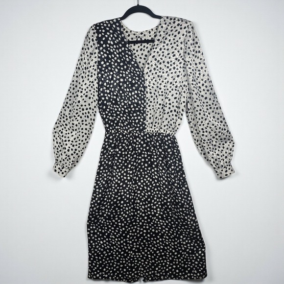 Dresses & Skirts - Vintage Polka Dot Midi Dress Black White‎ Long Sleeve V Neck Elastic Waist M/L?